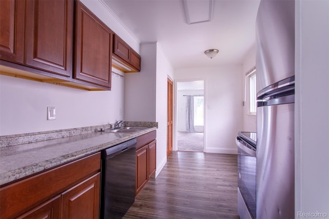 27700 Dartmouth St, Troy, MI 48071 - kitchen featuring black dishwasher, range, dark wood-style floors, light countertops, and freestanding refrigerator