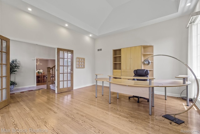 519 Hawksmoore Dr, Clarkston, MI 48348 - office space featuring french doors, light wood-style floors, high vaulted ceiling, and recessed lighting