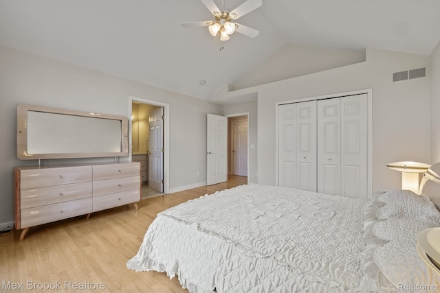 519 Hawksmoore Dr, Clarkston, MI 48348 - bedroom with a closet, light wood-style floors, high vaulted ceiling, ceiling fan, and connected bathroom