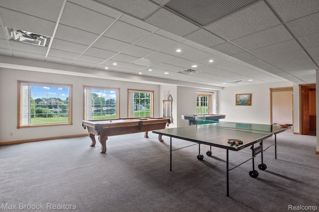 519 Hawksmoore Dr, Clarkston, MI 48348 - recreation room with carpet floors, pool table, and a paneled ceiling