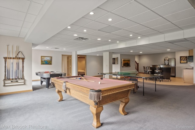 519 Hawksmoore Dr, Clarkston, MI 48348 - recreation room featuring light carpet, billiards, a drop ceiling, and recessed lighting