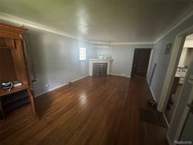 17416 Bentler St, Detroit, MI 48219 - unfurnished living room featuring wood finished floors, crown molding, and a fireplace