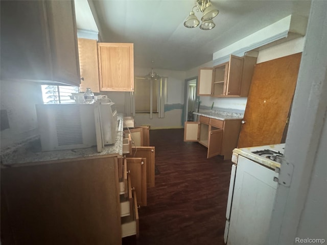 17416 Bentler St, Detroit, MI 48219 - kitchen with white range with gas stovetop, dark wood-type flooring, open shelves, light countertops, and a chandelier