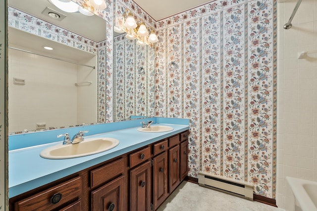 1130 W G Ave, Kalamazoo, MI 49009 - full bathroom with a baseboard heating unit, double vanity, wallpapered walls, and shower / bath combination with curtain