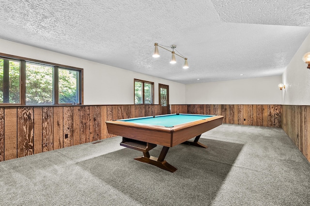 1130 W G Ave, Kalamazoo, MI 49009 - game room featuring wainscoting, wood walls, a textured ceiling, carpet floors, and billiards