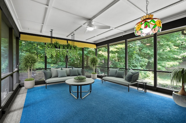 1130 W G Ave, Kalamazoo, MI 49009 - sunroom featuring coffered ceiling, an outdoor hangout area, and a ceiling fan