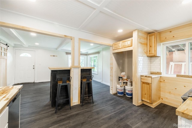 8614 Lake Rd, Grosse Ile, MI 48138 - kitchen with light brown cabinets, dark wood-type flooring, recessed lighting, beam ceiling, and decorative backsplash