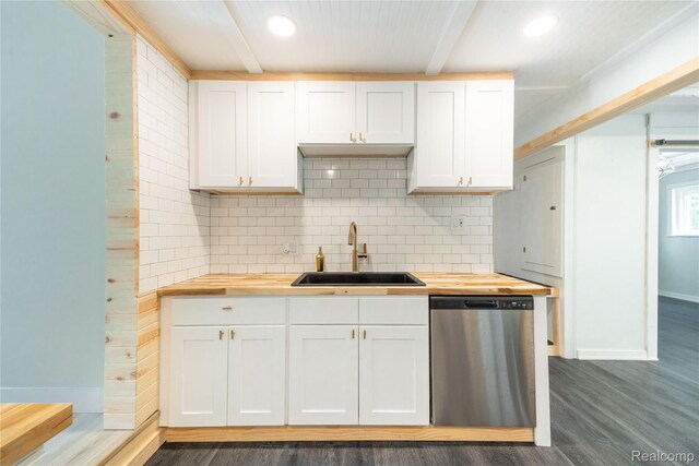 8614 Lake Rd, Grosse Ile, MI 48138 - kitchen featuring dishwasher, butcher block counters, decorative backsplash, dark wood finished floors, and recessed lighting
