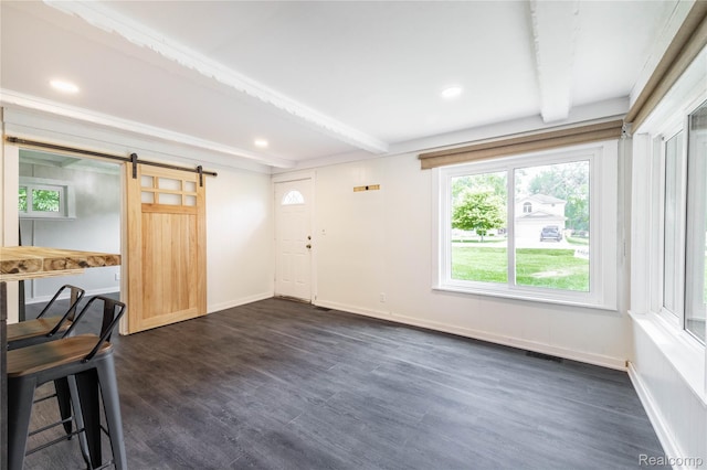 8614 Lake Rd, Grosse Ile, MI 48138 - unfurnished living room with beam ceiling, a barn door, dark wood finished floors, and recessed lighting