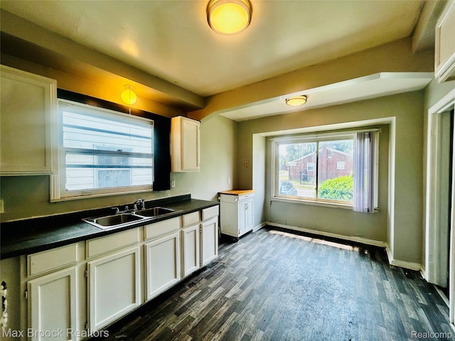 22510 Frisbee St, Detroit, MI 48219 - kitchen featuring dark countertops, dark wood-type flooring, and white cabinetry