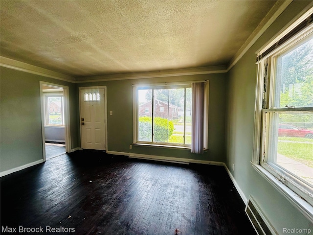 22510 Frisbee St, Detroit, MI 48219 - foyer entrance featuring a textured ceiling, dark wood-style flooring, and crown molding