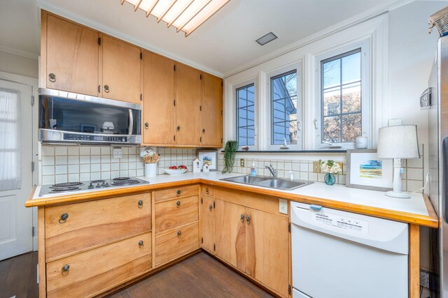 106 Rust Ave, Big Rapids, MI 49307 - kitchen featuring stainless steel appliances, backsplash, ornamental molding, dark wood finished floors, and light countertops