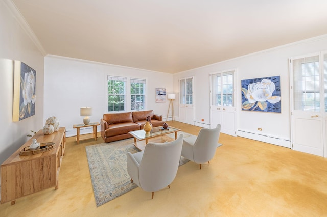 106 Rust Ave, Big Rapids, MI 49307 - living room with a baseboard heating unit, ornamental molding, light carpet, and baseboard heating