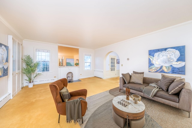 106 Rust Ave, Big Rapids, MI 49307 - living area featuring radiator, carpet, crown molding, arched walkways, and baseboard heating