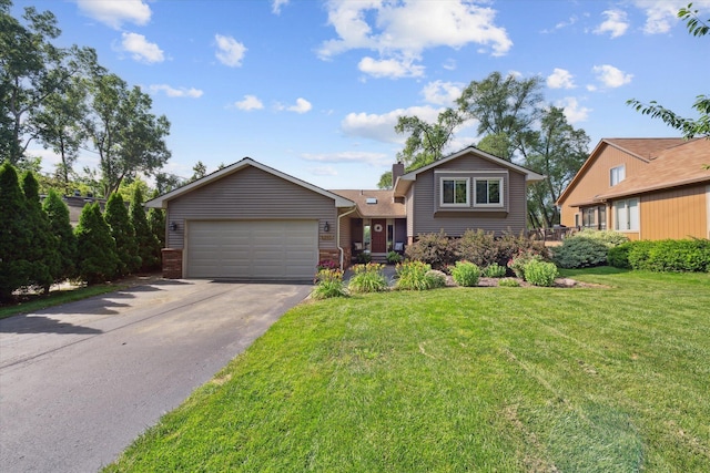 1393 Shankin Dr, Walled Lake, MI 48390 - tri-level home with driveway, an attached garage, a front yard, brick siding, and a chimney