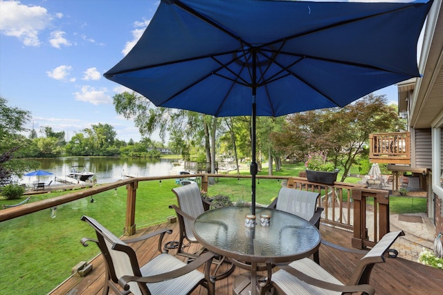1393 Shankin Dr, Walled Lake, MI 48390 - wooden deck with a water view, outdoor dining area, and a yard