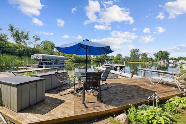 1393 Shankin Dr, Walled Lake, MI 48390 - wooden terrace featuring a water view, a dock, and outdoor dining area