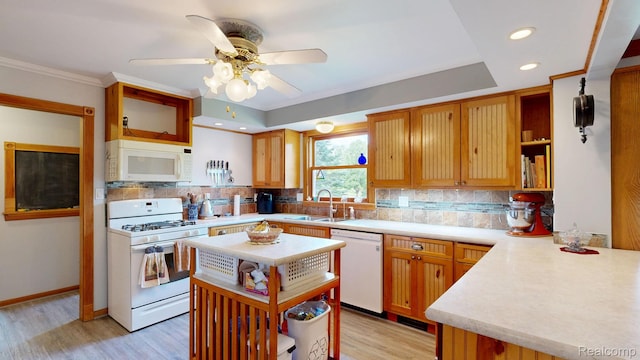 3733 N Hoover Ave, Gladwin, MI 48624 - kitchen featuring white appliances, open shelves, light countertops, decorative backsplash, and light wood-style floors