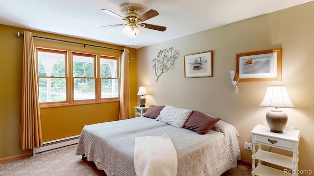 3733 N Hoover Ave, Gladwin, MI 48624 - bedroom featuring a baseboard heating unit, carpet floors, and ceiling fan