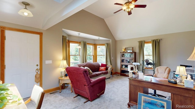 3733 N Hoover Ave, Gladwin, MI 48624 - living area with an office area, ceiling fan, vaulted ceiling, and light carpet