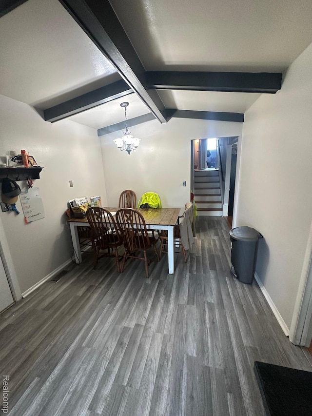 5076 Spring Well Ln, Grand Blanc, MI 48439 - dining space with wood finished floors, beamed ceiling, stairs, and a chandelier
