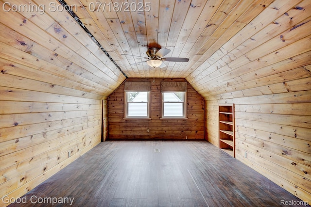 923 E 4th St, Royal Oak, MI 48067 - additional living space with wood ceiling, hardwood / wood-style floors, wood walls, ceiling fan, and lofted ceiling