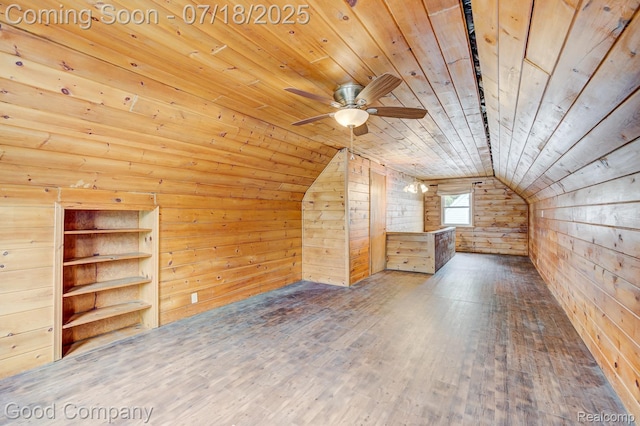 923 E 4th St, Royal Oak, MI 48067 - additional living space featuring wooden ceiling, wooden walls, hardwood / wood-style flooring, vaulted ceiling, and a ceiling fan