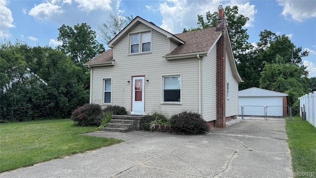 71 Cloveridge Dr, Troy, MI 48084 - view of front of house with a shingled roof, a garage, a chimney, and an outbuilding