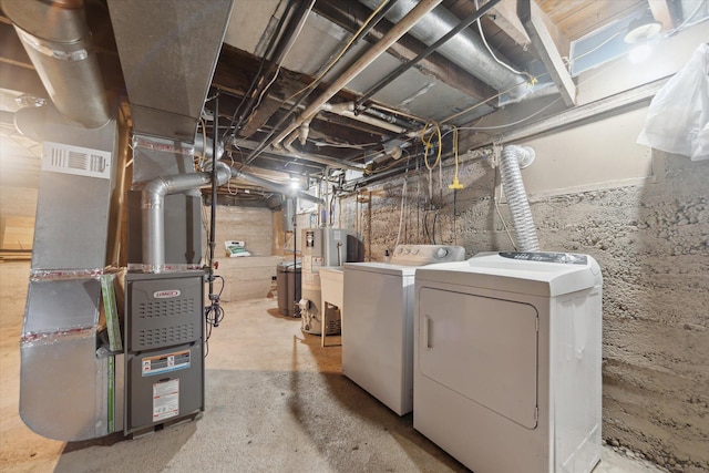 222 E Mill St, Hastings, MI 49058 - unfinished below grade area with washing machine and clothes dryer, heating unit, and water heater