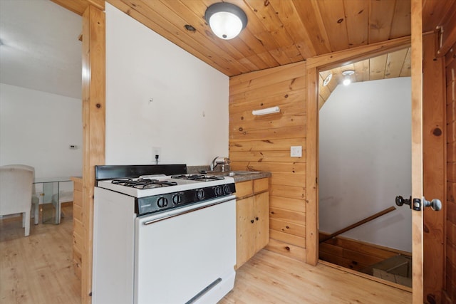 222 E Mill St, Hastings, MI 49058 - kitchen with white range with gas cooktop, light wood-style floors, wood ceiling, and wooden walls