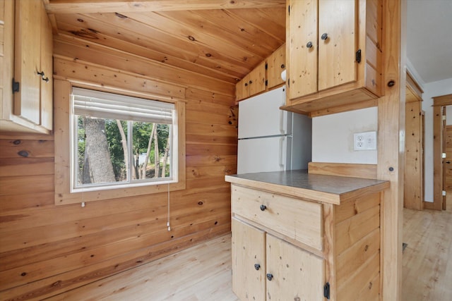 222 E Mill St, Hastings, MI 49058 - kitchen featuring light wood-style flooring, wooden walls, light brown cabinets, wood ceiling, and lofted ceiling