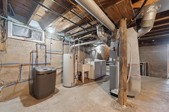 222 E Mill St, Hastings, MI 49058 - unfinished below grade area with gas water heater, washing machine and clothes dryer, and a water softener system