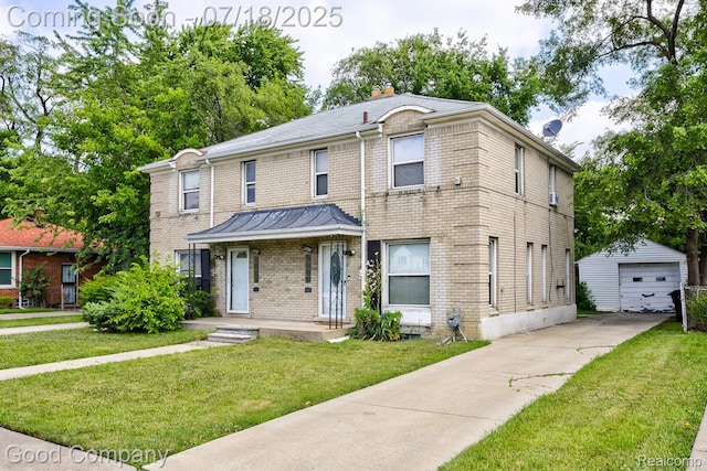 21797 Moross Rd, Grosse Pointe, MI 48236 - traditional-style home featuring brick siding, an outdoor structure, and a front yard