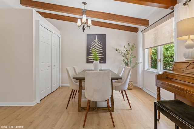 1320 S Manor Dr, Saint Joseph, MI 49085 - dining room featuring a chandelier, beam ceiling, and light wood-style floors