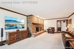 402 Thomas Ln, Grand Blanc, MI 48439 - living area with ornamental molding, a brick fireplace, and carpet flooring
