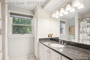 402 Thomas Ln, Grand Blanc, MI 48439 - full bathroom with vanity, plenty of natural light, and a shower with shower curtain