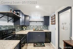 402 Thomas Ln, Grand Blanc, MI 48439 - kitchen featuring black / electric stove, open shelves, decorative backsplash, and light countertops