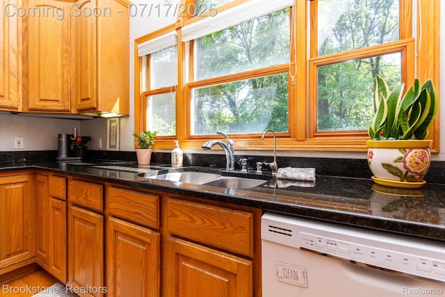 8808 Big Lake Rd, Clarkston, MI 48346 - kitchen featuring dishwasher, dark stone countertops, and brown cabinets
