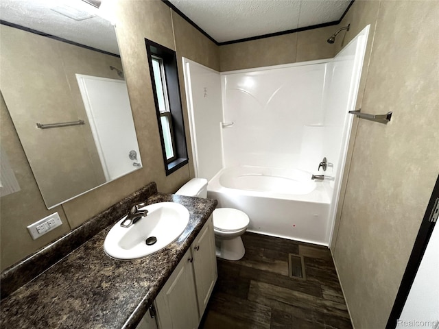 8499 LOT214 E M 71, Durand, MI 48429 - bathroom with a textured ceiling, vanity, wood finished floors, and  shower combination