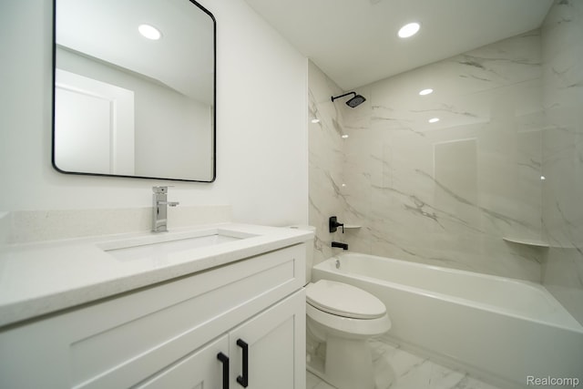 45293 Heatherwoode Ln, Macomb, MI 48044 - bathroom with vanity, shower / washtub combination, marble look tiles, and recessed lighting
