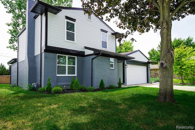 45293 Heatherwoode Ln, Macomb, MI 48044 - view of front of property with brick siding, a front yard, an attached garage, driveway, and a chimney