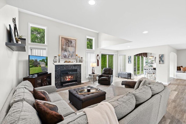 1683 Majon Dr, Highland, MI 48356 - living area with arched walkways, a premium fireplace, light wood-style flooring, recessed lighting, and healthy amount of natural light