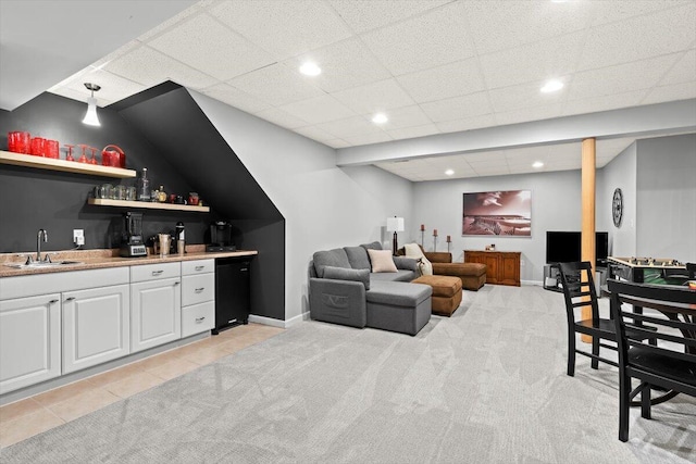 1683 Majon Dr, Highland, MI 48356 - indoor wet bar featuring light carpet, recessed lighting, and light tile patterned floors