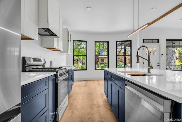 4301 Avery St, Detroit, MI 48208 - kitchen with stainless steel appliances, blue cabinets, light countertops, light wood-style flooring, and white cabinetry