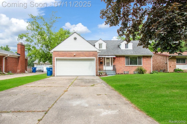 24370 Eureka Ave, Warren, MI 48091 - view of front of property featuring brick siding, a front yard, a garage, concrete driveway, and roof with shingles