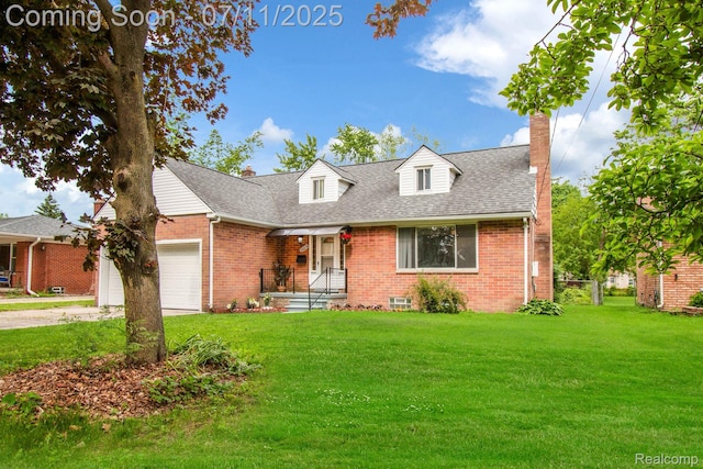 24370 Eureka Ave, Warren, MI 48091 - cape cod house featuring a chimney, brick siding, a garage, and a front lawn
