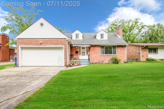24370 Eureka Ave, Warren, MI 48091 - view of front of property with brick siding, a chimney, a front yard, driveway, and an attached garage