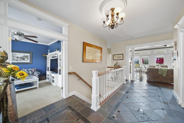 8321 Odowling Dr, Onsted, MI 49265 - hall with stone tile floors, an upstairs landing, and a chandelier