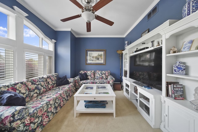 8321 Odowling Dr, Onsted, MI 49265 - living room featuring light colored carpet, crown molding, and a ceiling fan