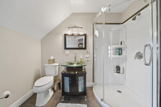 8321 Odowling Dr, Onsted, MI 49265 - full bath featuring a stall shower, vanity, vaulted ceiling, and tile patterned flooring